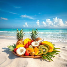 A stunning photo for Instagram featuring a beautifully arranged platter of tropical fruits on the sandy shore of a paradisiacal beach