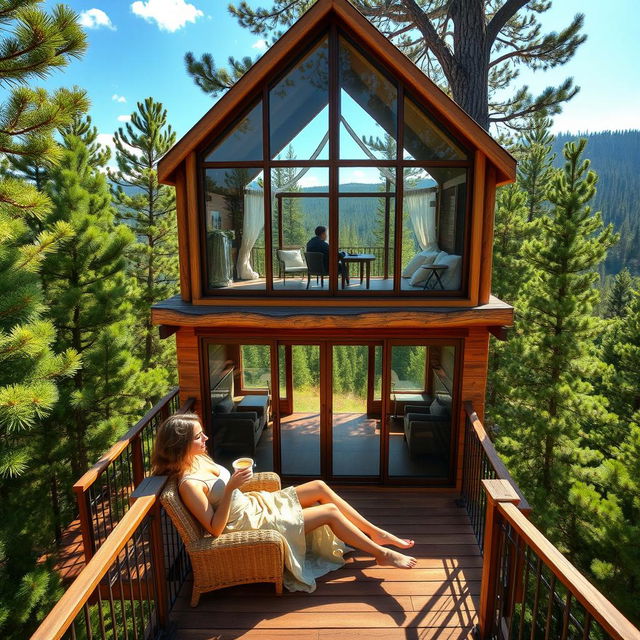 A luxurious tree house designed with large glass windows, nestled high among lush green pine trees
