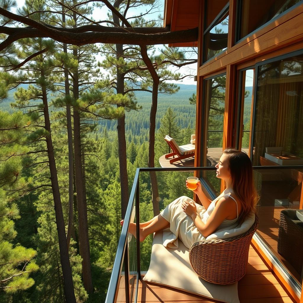 A luxurious tree house designed with large glass windows, nestled high among lush green pine trees