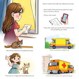 A touching scene depicting a little girl crying by the window, looking out with tears in her eyes as she sees a stray cat curled up in a cardboard box outside