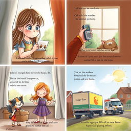 A touching scene depicting a little girl crying by the window, looking out with tears in her eyes as she sees a stray cat curled up in a cardboard box outside