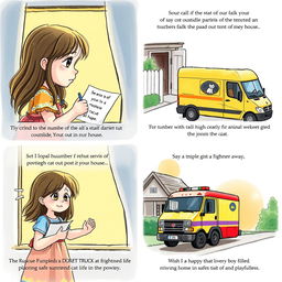 A touching scene depicting a little girl crying by the window, looking out with tears in her eyes as she sees a stray cat curled up in a cardboard box outside