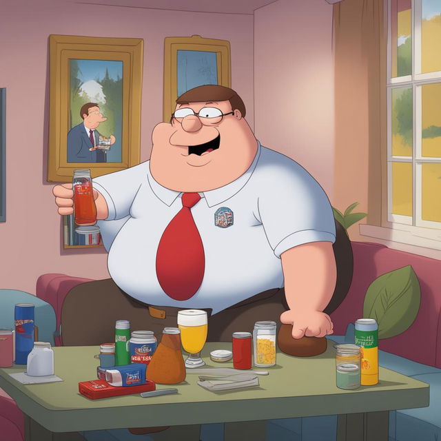 The image is a cartoon illustration of Peter Griffin from 'Family Guy' tasting Red Bull for the first time