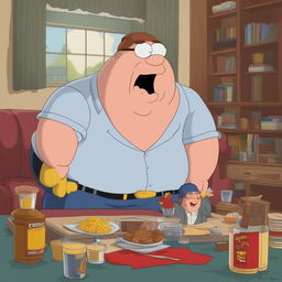 The image is a cartoon illustration of Peter Griffin from 'Family Guy' tasting Red Bull for the first time