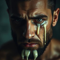 A close-up portrait of a man expressing deep emotions, tears flowing from his eyes, but instead of regular tears, a thick cream-colored liquid cascades down his cheeks