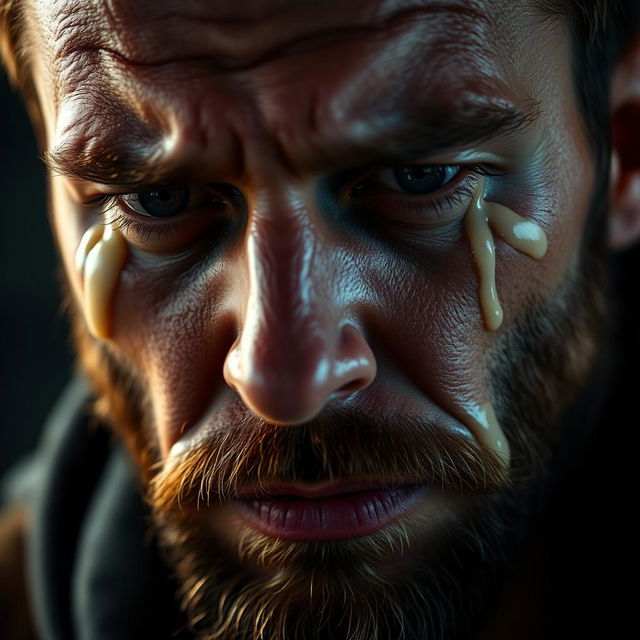 A close-up portrait of a man expressing deep emotions, tears flowing from his eyes, but instead of regular tears, a thick cream-colored liquid cascades down his cheeks