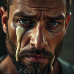 A close-up portrait of a man expressing deep emotions, tears flowing from his eyes, but instead of regular tears, a thick cream-colored liquid cascades down his cheeks