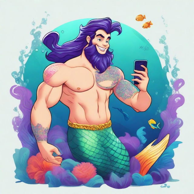 A high-quality digital art image featuring a merman, in the style of Disney's classic characters, holding an iPhone 14 Pro Max