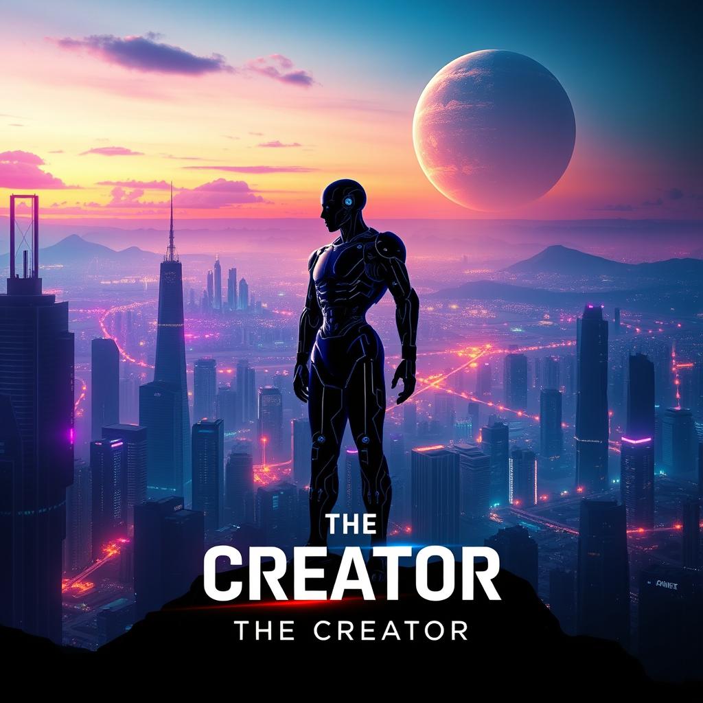 A captivating teaser poster for 'The Creator (2023)', featuring a futuristic landscape where artificial intelligence and humanity collide