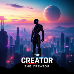 A captivating teaser poster for 'The Creator (2023)', featuring a futuristic landscape where artificial intelligence and humanity collide