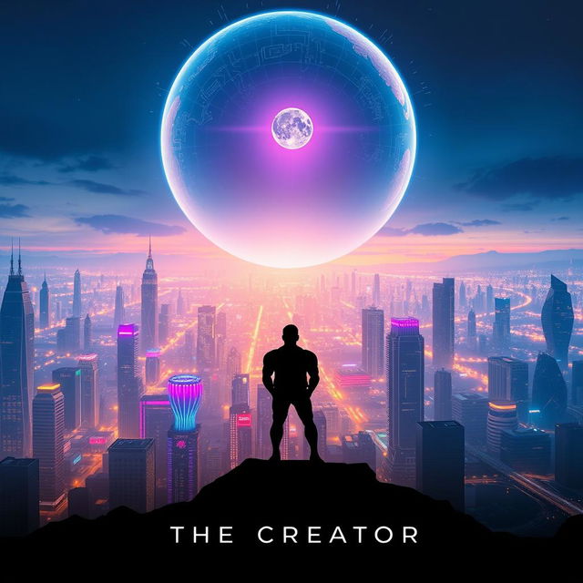 A captivating teaser poster for 'The Creator (2023)', featuring a futuristic landscape where artificial intelligence and humanity collide