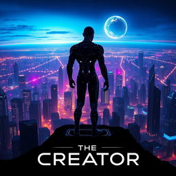 A captivating teaser poster for 'The Creator (2023)', featuring a futuristic landscape where artificial intelligence and humanity collide