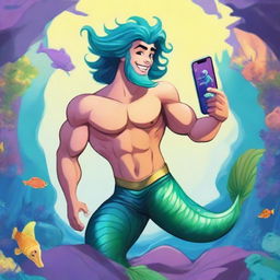 A high-quality digital art image featuring a merman, in the style of Disney's classic characters, holding an iPhone 14 Pro Max