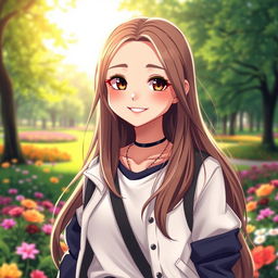 A digital portrait of a girl with long flowing hair, an expressive smile, bright eyes, and a warm aura