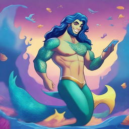 A high-quality digital art image featuring a merman, in the style of Disney's classic characters, holding an iPhone 14 Pro Max