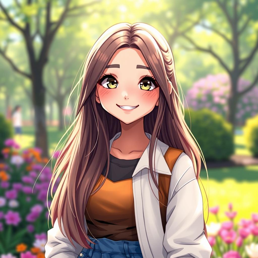 A digital portrait of a girl with long flowing hair, an expressive smile, bright eyes, and a warm aura