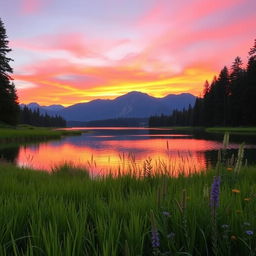 A beautifully clear and crisp landscape photo featuring a vibrant sunset over a serene lake, reflecting the orange and pink hues of the sky