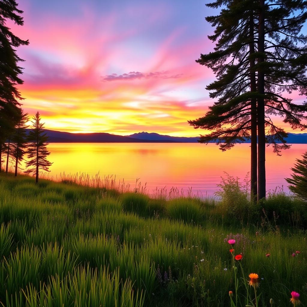 A beautifully clear and crisp landscape photo featuring a vibrant sunset over a serene lake, reflecting the orange and pink hues of the sky