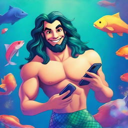 A high-quality digital art image featuring a merman, in the style of Disney's classic characters, holding an iPhone 14 Pro Max