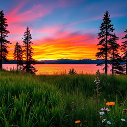A beautifully clear and crisp landscape photo featuring a vibrant sunset over a serene lake, reflecting the orange and pink hues of the sky