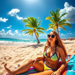 A beautiful beach view in the afternoon, featuring soft golden sands, gentle turquoise waves lapping at the shore, and a vibrant blue sky with fluffy white clouds
