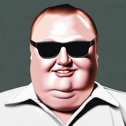 A high-resolution digital art portrait of Kim Dotcom, depicted in his characteristic attire and reflecting his confident, playful personality