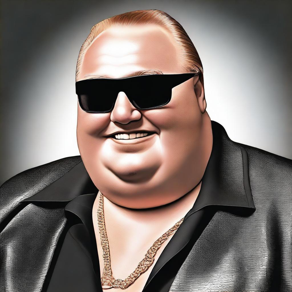 A high-resolution digital art portrait of Kim Dotcom, depicted in his characteristic attire and reflecting his confident, playful personality