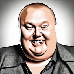 A high-resolution digital art portrait of Kim Dotcom, depicted in his characteristic attire and reflecting his confident, playful personality