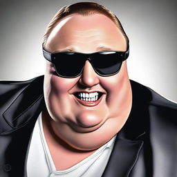 A high-resolution digital art portrait of Kim Dotcom, depicted in his characteristic attire and reflecting his confident, playful personality