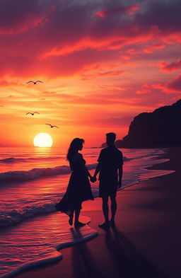 A serene sunset scene depicting a heartfelt goodbye at a picturesque beach