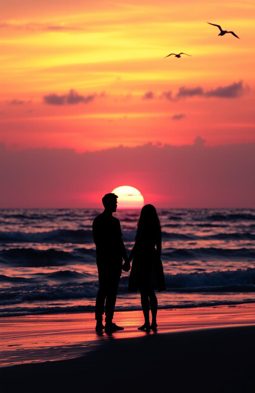 A serene sunset scene depicting a heartfelt goodbye at a picturesque beach