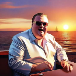 A semi-realistic digital art depiction of Kim Dotcom partying on his luxury yacht, singing 'The Good Life'