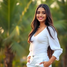 A beautiful teenage girl from Kerala wearing stylish white pants and a fitted white shirt, standing outdoors with green palm trees in the background