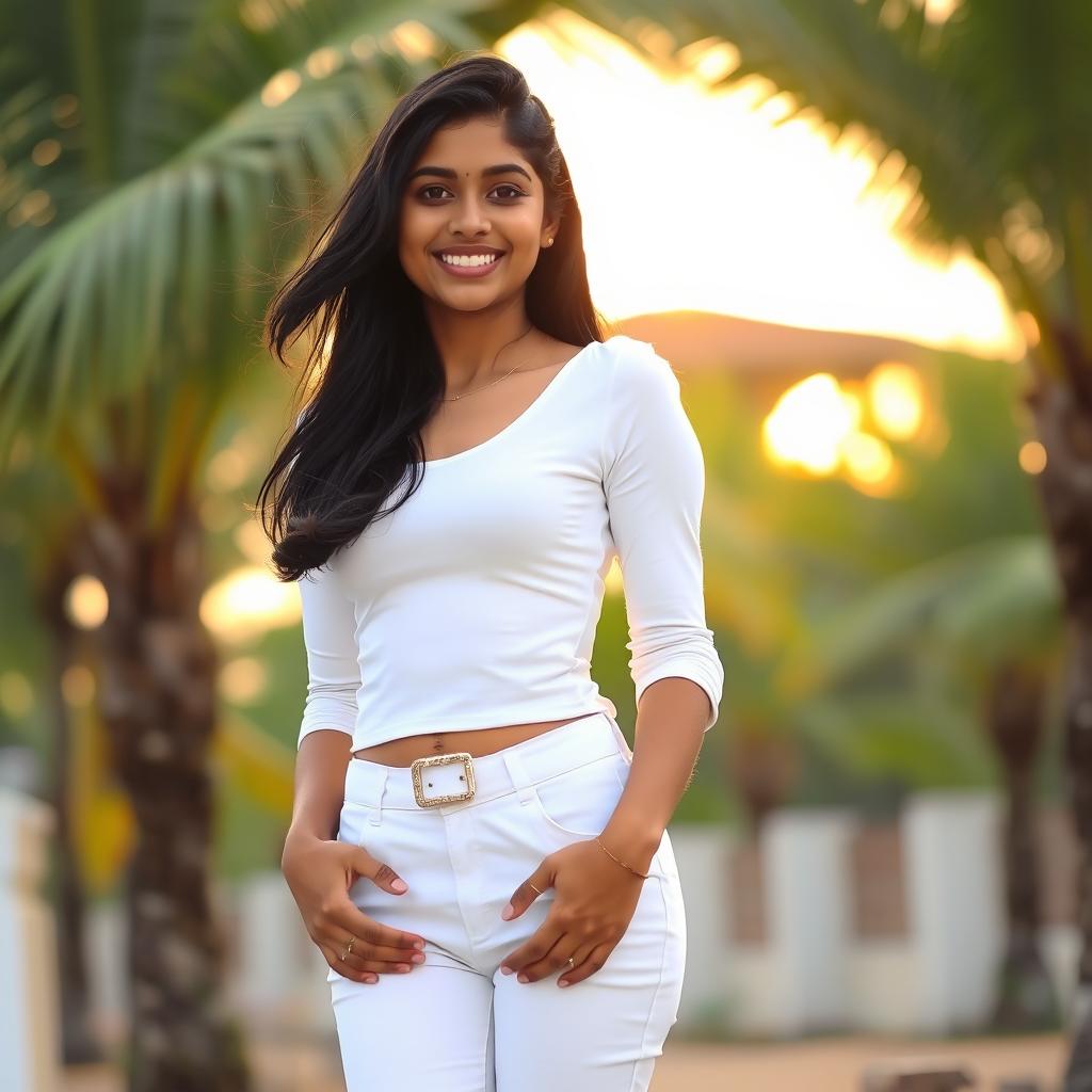 A beautiful teenage girl from Kerala wearing stylish white pants and a fitted white shirt, standing outdoors with green palm trees in the background