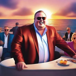 A semi-realistic digital art depiction of Kim Dotcom partying on his luxury yacht, singing 'The Good Life'