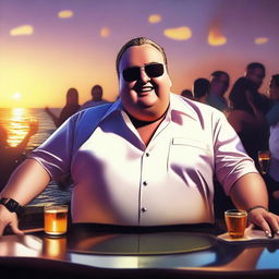 A semi-realistic digital art depiction of Kim Dotcom partying on his luxury yacht, singing 'The Good Life'