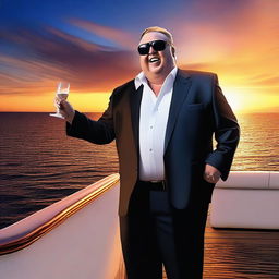 A semi-realistic digital art depiction of Kim Dotcom partying on his luxury yacht, singing 'The Good Life'