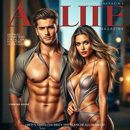 A stylish, modern adult magazine cover featuring two attractive models: a confident, muscular man and a glamorous, alluring woman