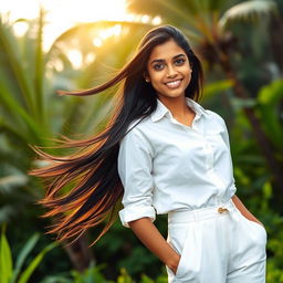 A beautiful Kerala teenage girl, dressed in stylish white pants and a crisp white shirt, standing gracefully against a vibrant green backdrop filled with lush natural scenery