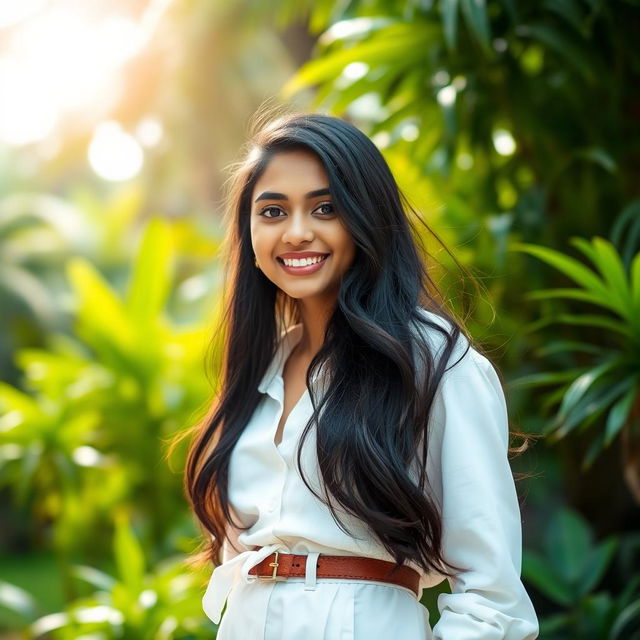 A beautiful Kerala teenage girl, dressed in stylish white pants and a crisp white shirt, standing gracefully against a vibrant green backdrop filled with lush natural scenery