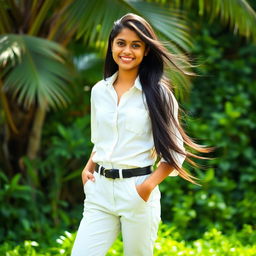 A beautiful Kerala teenage girl, dressed in stylish white pants and a crisp white shirt, standing gracefully against a vibrant green backdrop filled with lush natural scenery