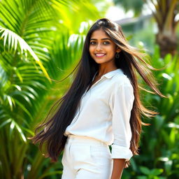 A beautiful Kerala teenage girl, dressed in stylish white pants and a crisp white shirt, standing gracefully against a vibrant green backdrop filled with lush natural scenery