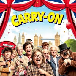 A playful and vibrant teaser poster for the 'Carry-On' film series, encapsulating the light-hearted comedy and British humor characteristic of the franchise