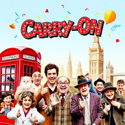 A playful and vibrant teaser poster for the 'Carry-On' film series, encapsulating the light-hearted comedy and British humor characteristic of the franchise