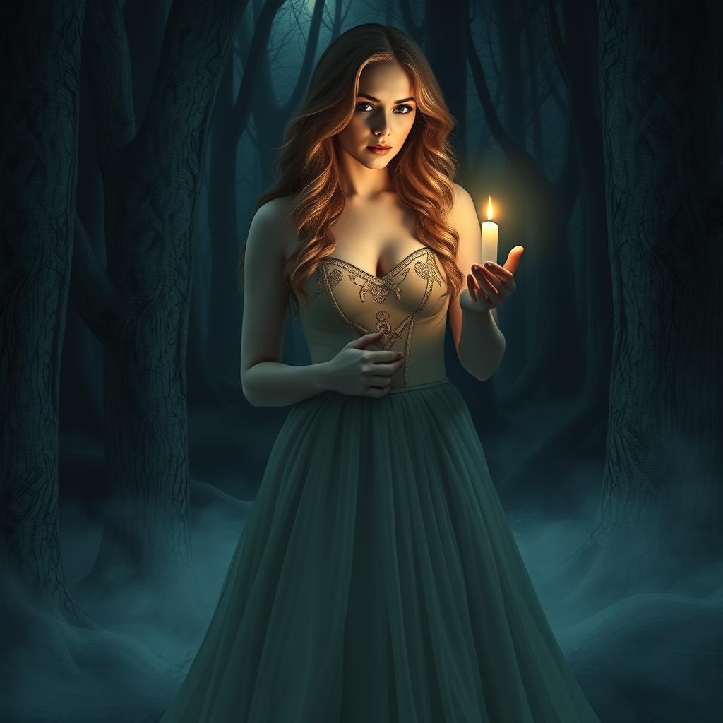 A mysterious woman in a dark, enchanting forest, wearing an elegant, flowing gown adorned with Freemasonry symbols such as the Square and Compasses