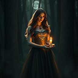 A mysterious woman in a dark, enchanting forest, wearing an elegant, flowing gown adorned with Freemasonry symbols such as the Square and Compasses
