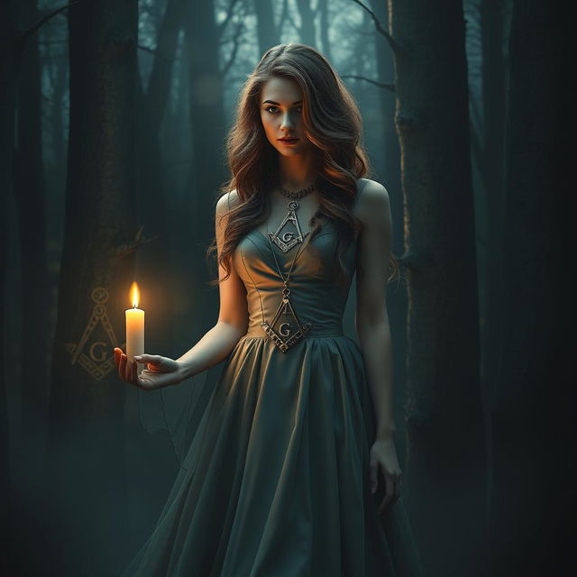 A mysterious woman in a dark, enchanting forest, wearing an elegant, flowing gown adorned with Freemasonry symbols such as the Square and Compasses