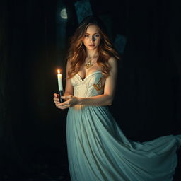 A mysterious woman in a dark, enchanting forest, wearing an elegant, flowing gown adorned with Freemasonry symbols such as the Square and Compasses