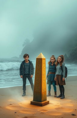 A fantastical scene depicting four friends, Max, Alex, Sophia, and Olivia, standing on a secluded sandy shore, surrounded by crashing waves