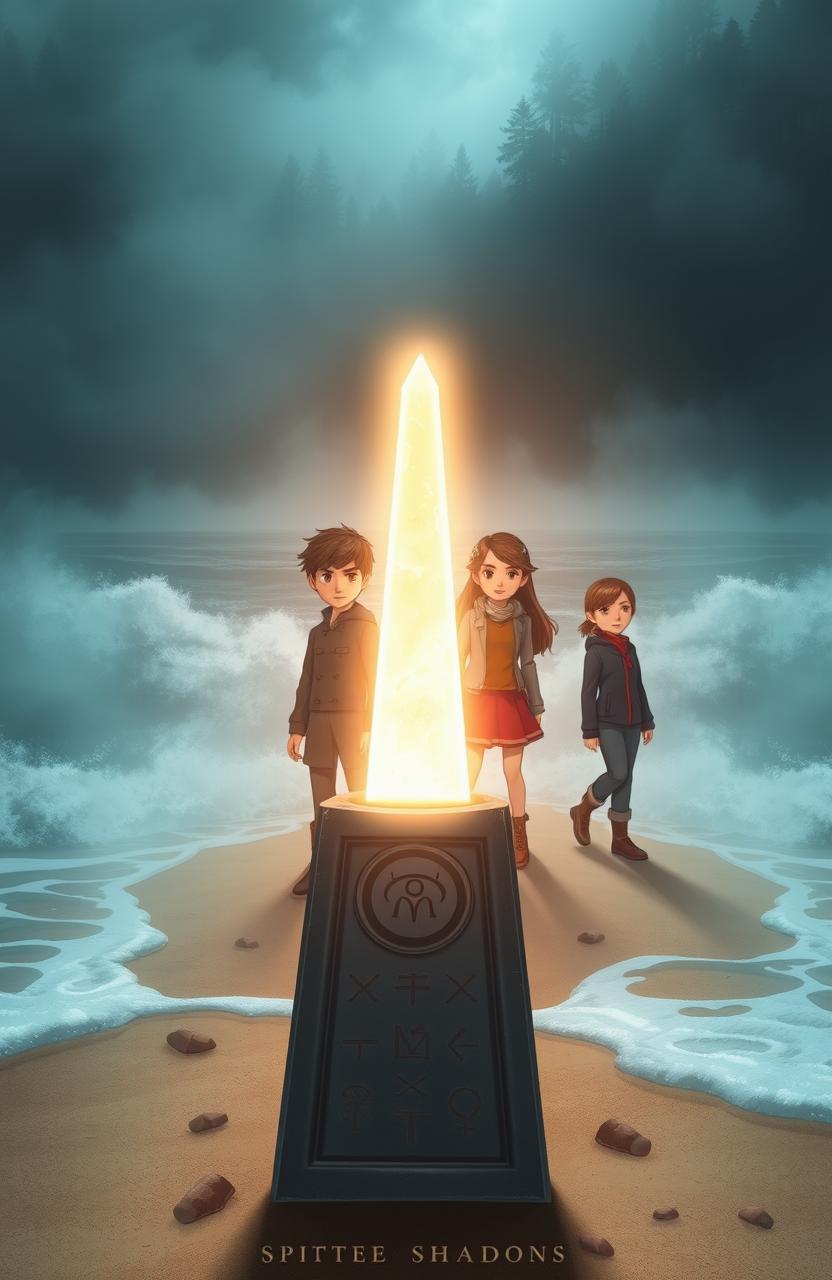 A fantastical scene depicting four friends, Max, Alex, Sophia, and Olivia, standing on a secluded sandy shore, surrounded by crashing waves